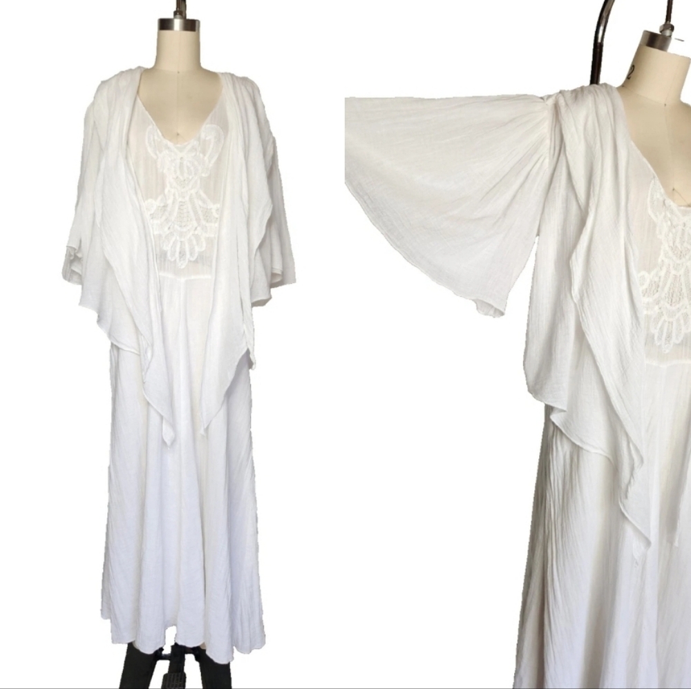 VTG 70s Becky Bisoulis White Cotton Gauze Drop Waist Dress Flutter Angel Sleeves